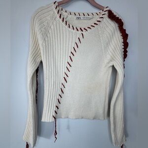 Zara Cream and Red Crew Neck Sweater with Ribbed Texture